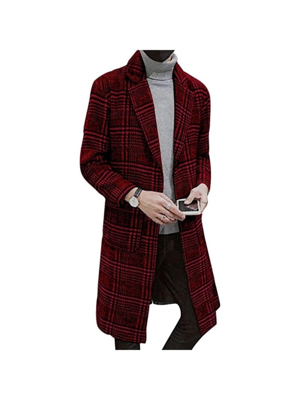 Men's Wine Red Wool Blend Pea Coat Collar Single Breasted Overcoat Trench Coat